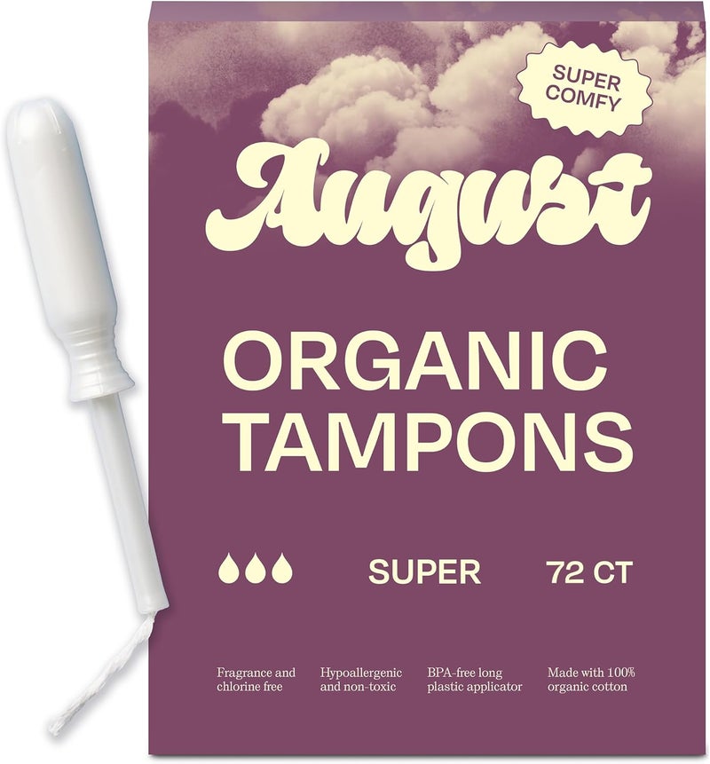 August Super Tampons - 72-Pack 100% Organic Cotton Tampons for Women and Anyone Who Menstruates, Non-Toxic, Fragrance-Free, and Hypoallergenic with Long Applicators (3 Boxes of 24) - Image 1